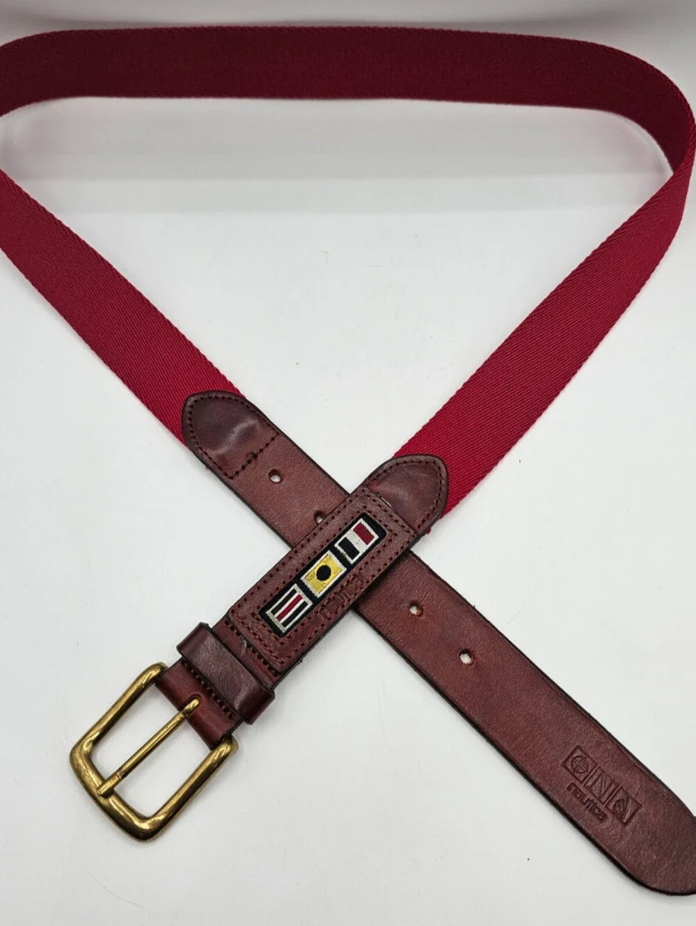 Vintage Nautica Mens Sz 38 Leather and Canvas Belt Red Brown Leather Flags